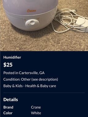 Crane White Kids Humidifier - Gentle Nursery Mist